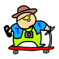a cartoon drawing of a man riding a skateboard with a camera around his neck
