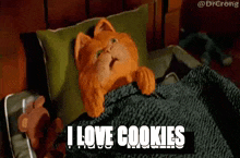 garfield the cat is laying in bed with a blanket and a pillow and saying `` i love cookies '' .