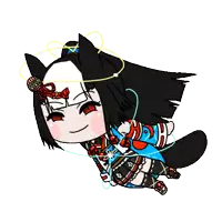 a cartoon drawing of a girl with red eyes and a halo around her head