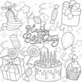 a birthday greeting card with a cake cupcakes gifts and balloons