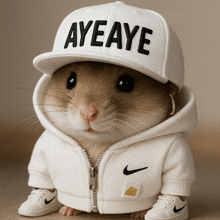 a hamster wearing a white cap that says ayeaye