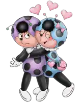 a couple of ladybugs hugging each other with pink hearts in the background