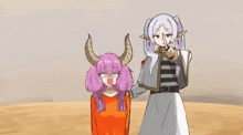 a cartoon drawing of a girl with horns and a girl with a surprised look on her face