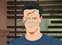 a cartoon of a man with a mustache is wearing a blue t-shirt
