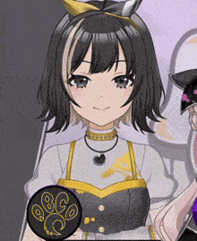 a close up of a girl with a circle that says ' qq ' on it