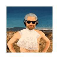 a shirtless man wearing sunglasses and a white lace shirt