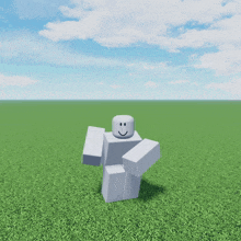 a roblox character with a smile on his face is standing in a grassy field