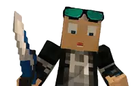 a minecraft character with the letter h on his chest holds a knife