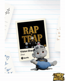 a cartoon character is laying on the floor next to a poster that says rap and trap