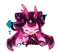 a cartoon character with purple hair and horns is laying down .