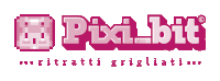 a pink and white pixel bit logo with a white background