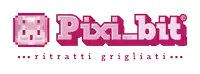a pink and white pixel bit logo with a white background