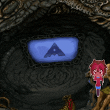 a cartoon character is standing in front of a blue a symbol