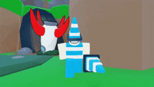 a cartoon character with red horns and a blue and white striped hat