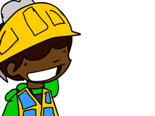 a cartoon drawing of a man wearing a hard hat with the letter d on it