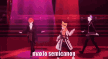 a group of anime characters are dancing on a stage in front of a purple curtain .