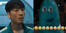 a man in a green jacket next to a picture of a ghost with smiley faces