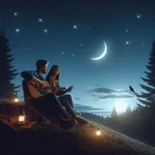 a man and a woman sit on a hill playing guitars
