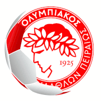 a soccer ball with a red and white logo for olympiakos