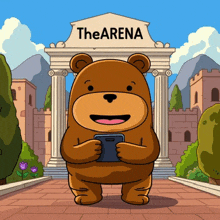 a cartoon bear holding a cell phone in front of the arena