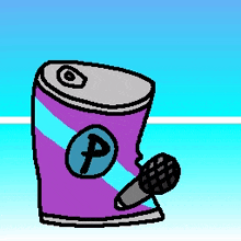 a pixel art drawing of a can with the letter p on it and a microphone attached to it