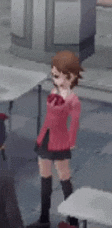 a girl in a red jacket and black skirt is standing in front of a table in a video game .