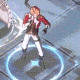 a cartoon character is standing in a circle with a microphone .