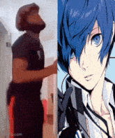 a man with a beard is standing next to a picture of a man with blue hair .