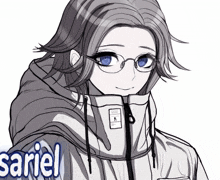 a black and white drawing of a girl with the name sariel on the bottom