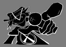 a black and white drawing of a cartoon character holding a microphone .