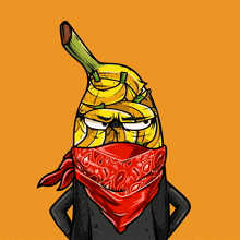 a cartoon illustration of a banana wearing a black jacket and a red bandana