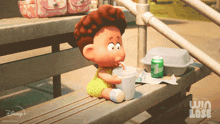 a cartoon character drinking from a cup while sitting on a bench with the words win or lose on the bottom
