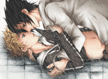 a drawing of a man kissing another man in the rain with the website akww.deviantart.com in the bottom right corner