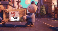 a cartoon character carrying a box that says box of true on it