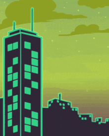 a cartoon drawing of a city with a tall building in the background