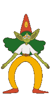 a cartoon character with green hair and a red hat has stars in his eyes