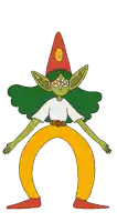 a cartoon character with green hair and a red hat has stars in his eyes