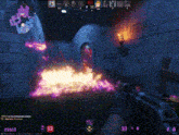 a person is holding a gun in a video game and there is a purple fire coming out of a doorway .
