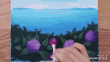 a person is painting purple flowers in front of a blue sky