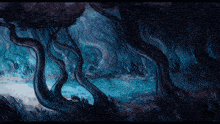 a painting of a dark forest with trees and shrubs