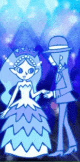 a man and a woman are standing next to each other on a blue background