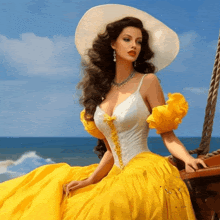 a woman in a yellow dress and white hat sits on a boat in the ocean
