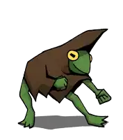 a frog wearing a brown cape with a hole in it 's eye