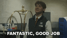 a man says fantastic good job in front of a cart