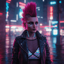 a woman with a mohawk stands in front of neon lights