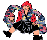 a cartoon drawing of a man with red hair wearing a blue and pink kimono