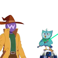 a cartoon character with a w on his face is holding a green light saber