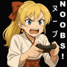 a girl with blonde hair is holding a video game controller and screaming