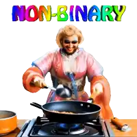 a woman is stirring food in a frying pan with the words non-binary above her