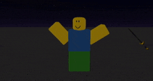 a roblox character with a smile on his face is standing in a dark room